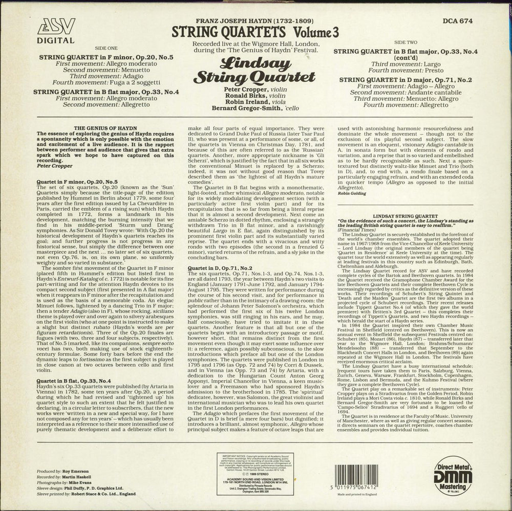 The Lindsay String Quartet Haydn String Quartets Live At The Wigmore Hall UK 3-LP vinyl record set (Triple LP Album) DCA622/37/74