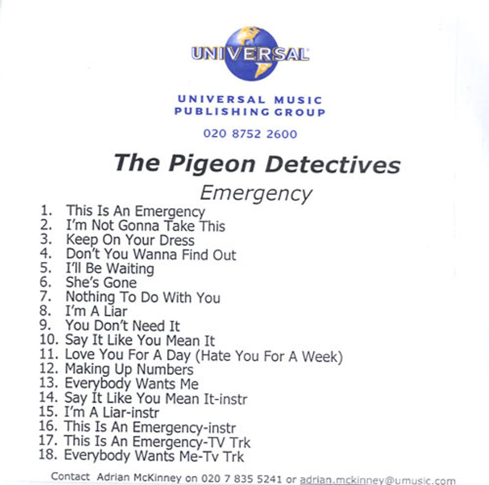 The Pigeon Detectives Emergency US Promo CD-R acetate CD-R ACETATE