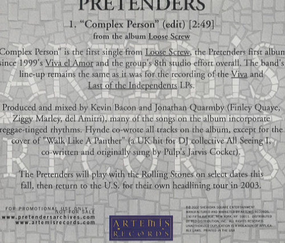 The Pretenders Complex Person US Promo CD single (CD5 / 5") ARTCD-176