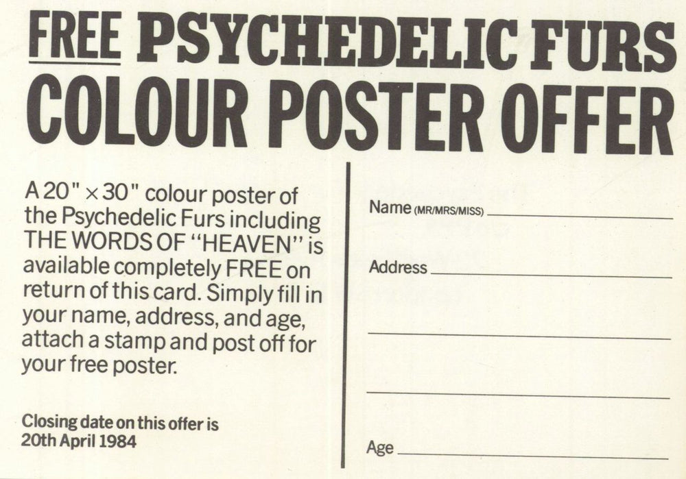 The Psychedelic Furs Heaven - Poster offer insert UK 7" vinyl single (7 inch record / 45)