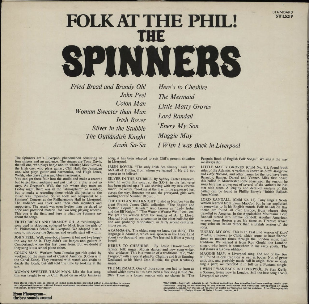 The Spinners Folk At The Phil! UK vinyl LP album (LP record)