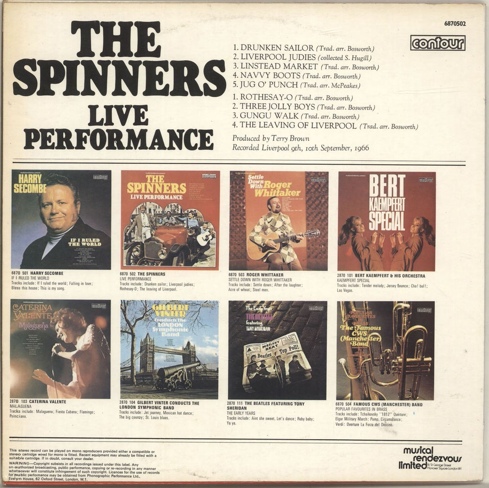 The Spinners Live Performance UK vinyl LP album (LP record)