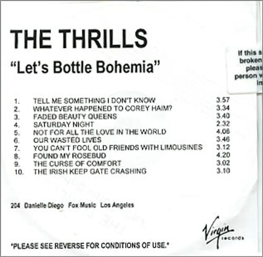 The Thrills Let's Bottle Bohemia US Promo CD-R acetate CD-R ACETATE