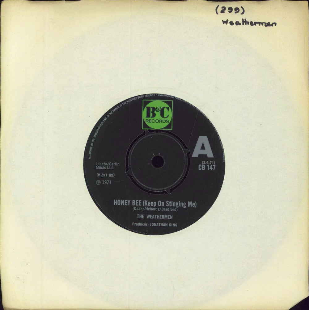 The Weathermen Honey Bee (Keep On Stinging Me) - A Label UK Promo 7" vinyl single (7 inch record / 45) CB147