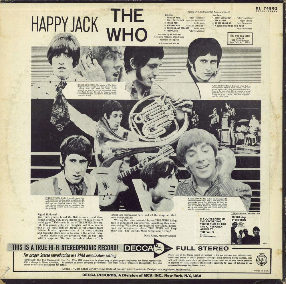 The Who Happy Jack US vinyl LP album (LP record)