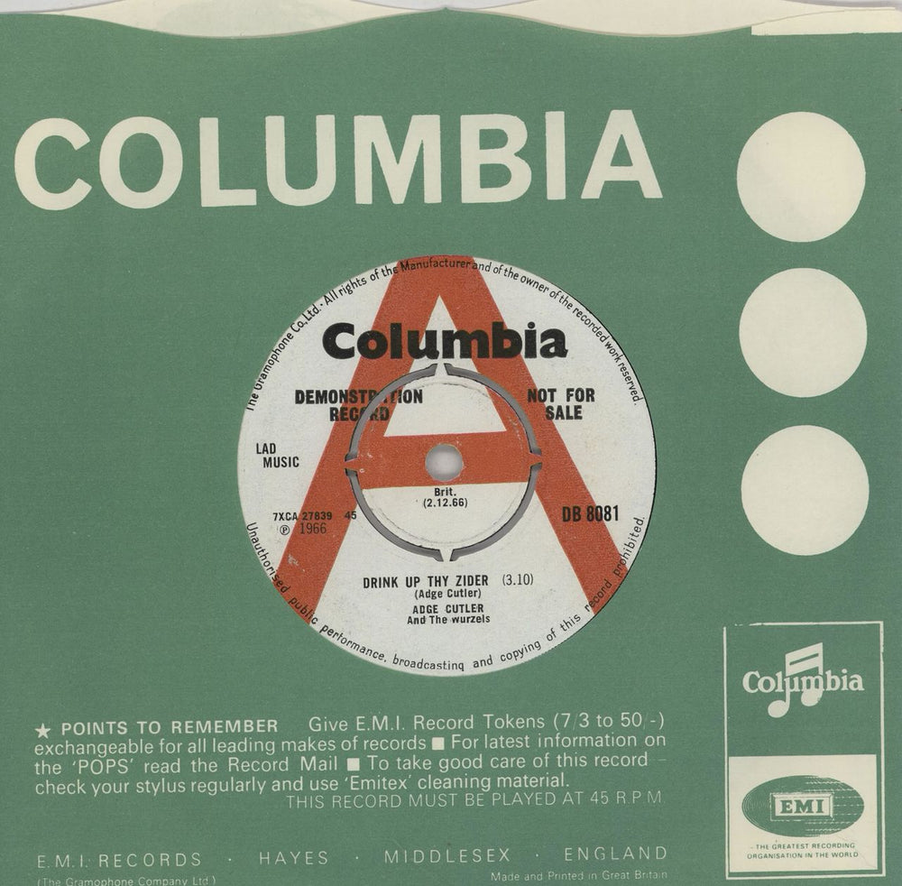 The Wurzels Drink Up Thy Zider - A Label UK Promo 7" vinyl single (7 inch record / 45) DB8081