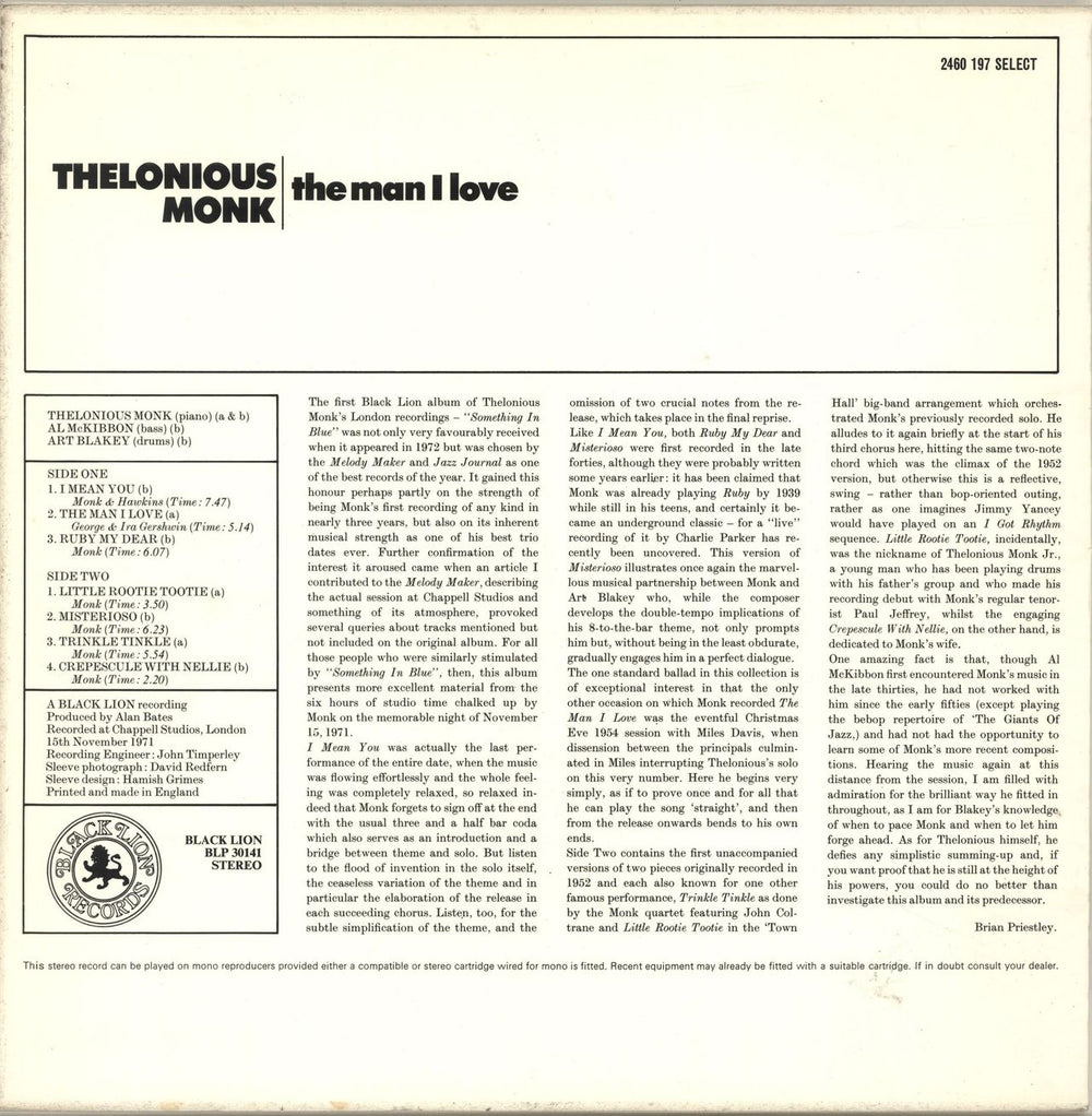 Thelonious Monk The Man I Love UK vinyl LP album (LP record) TM4LPTH694553