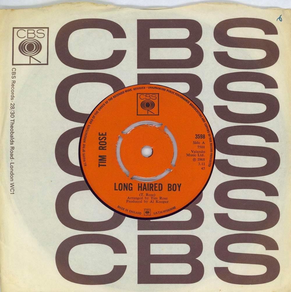 Tim Rose Long-Haired Boy UK 7" vinyl single (7 inch record / 45) 3598