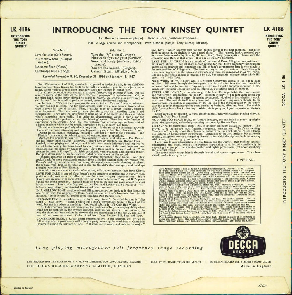 Tony Kinsey Introducing The Tony Kinsey Quintet UK vinyl LP album (LP record)