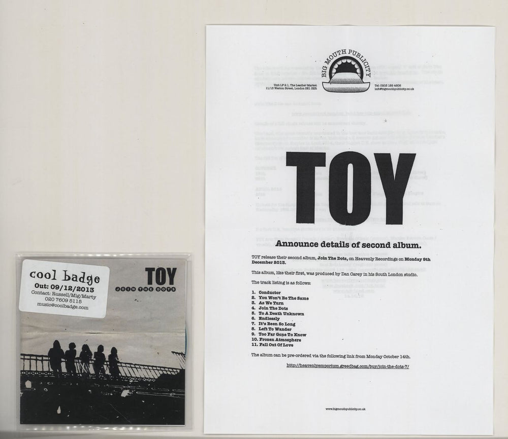 Toy Join The Dots + PR UK Promo CD-R acetate CD-R