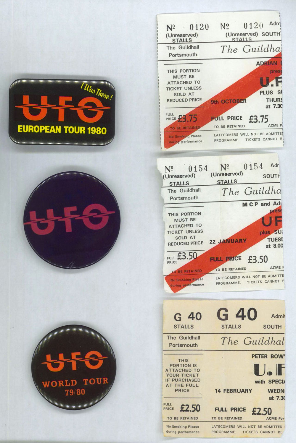 UFO Three Badges & Three Ticket Stubs UK memorabilia 3 BADGES/3 TICKETS