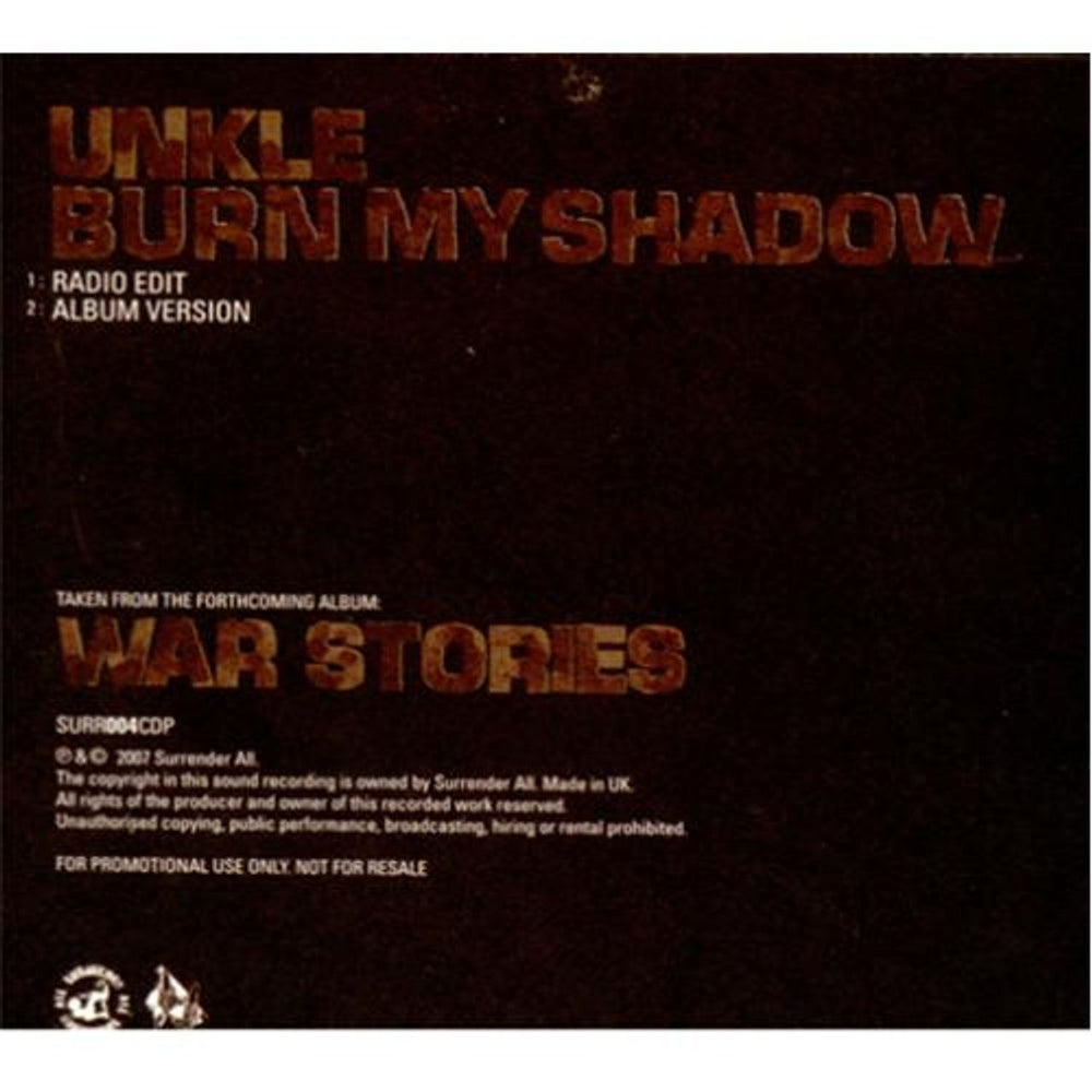 Unkle Burn My Shadow UK Promo CD single (CD5 / 5") UNKC5BU416477