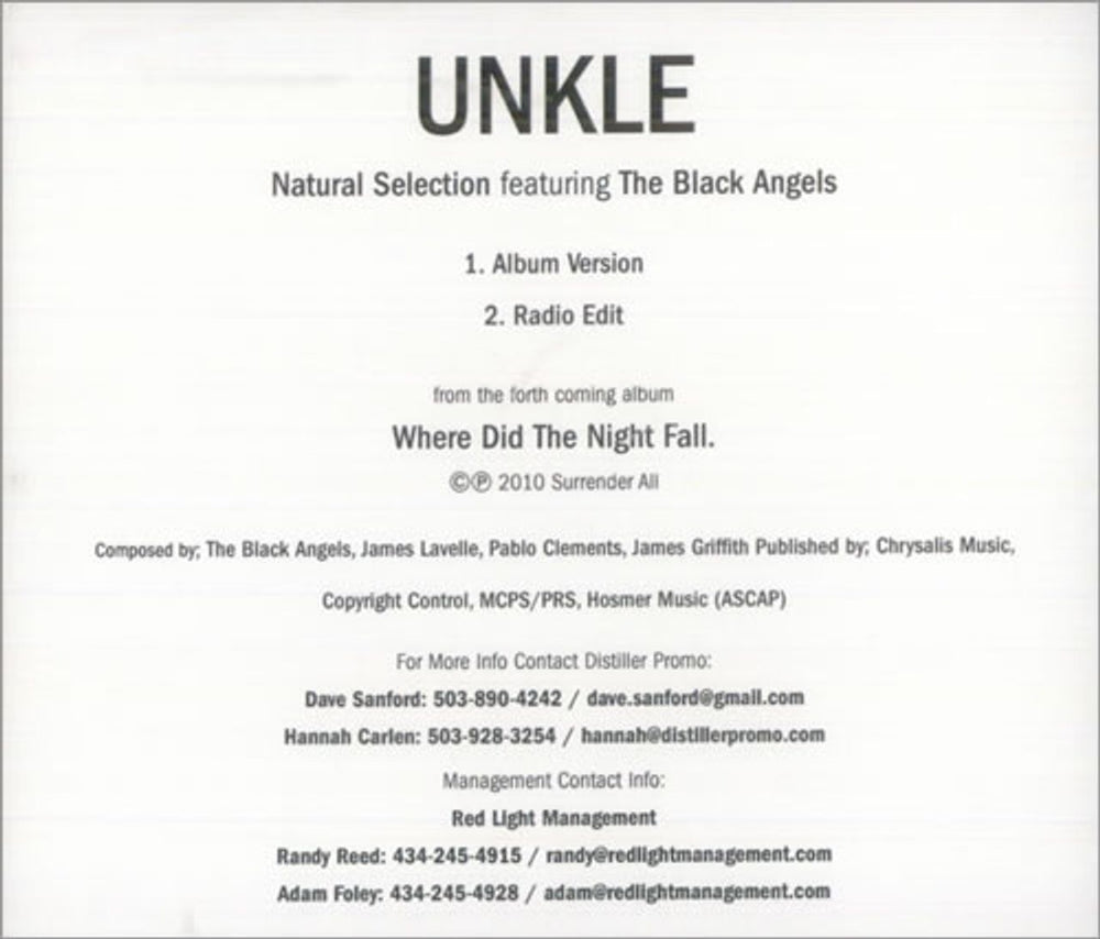 Unkle Natural Selection US Promo CD-R acetate CD-R ACETATE