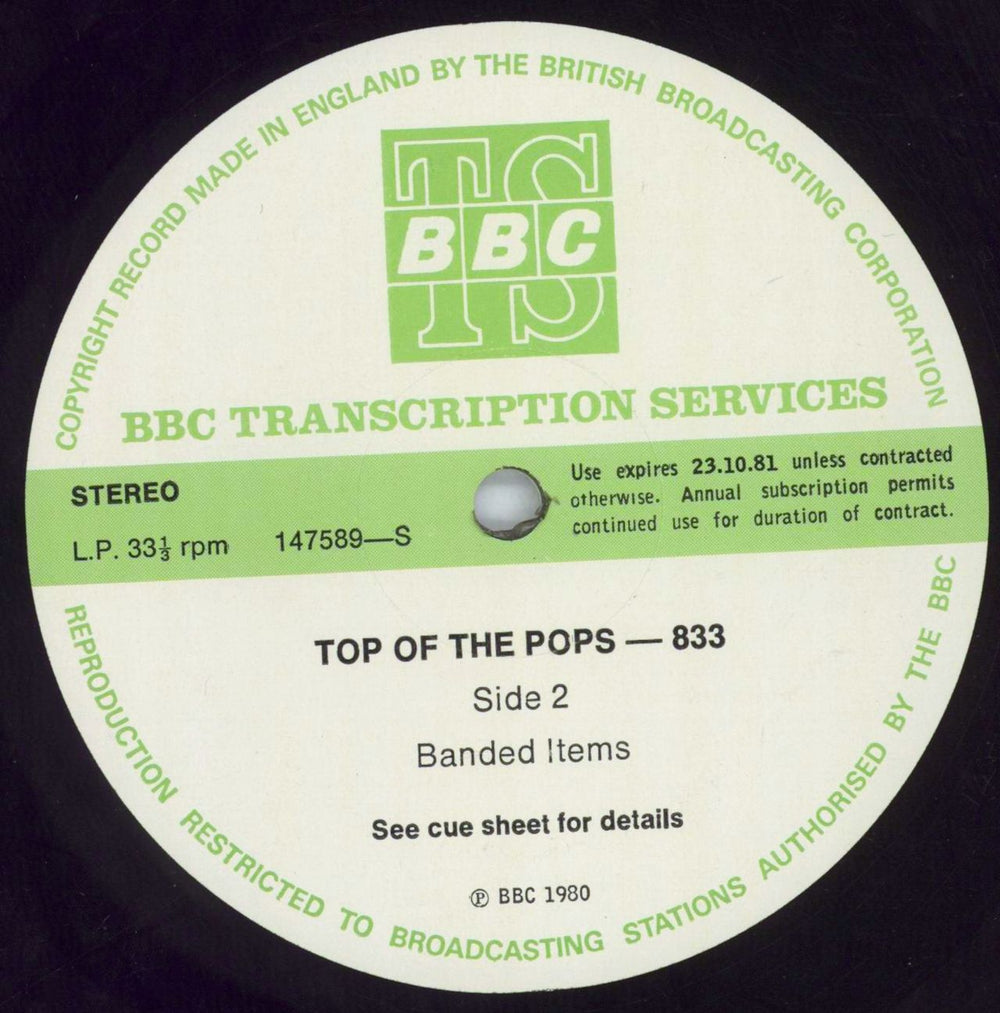 Various-Pop Top Of The Pops 833 UK Promo vinyl LP album (LP record) 7VALPTO820083