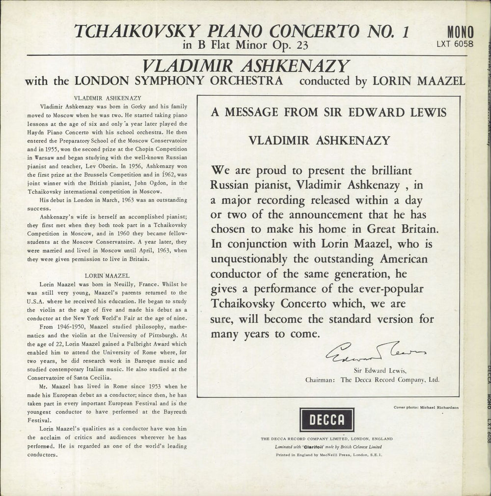 Vladimir Ashkenazy Tchaikovsky: Piano Concerto No. 1 UK vinyl LP album (LP record)