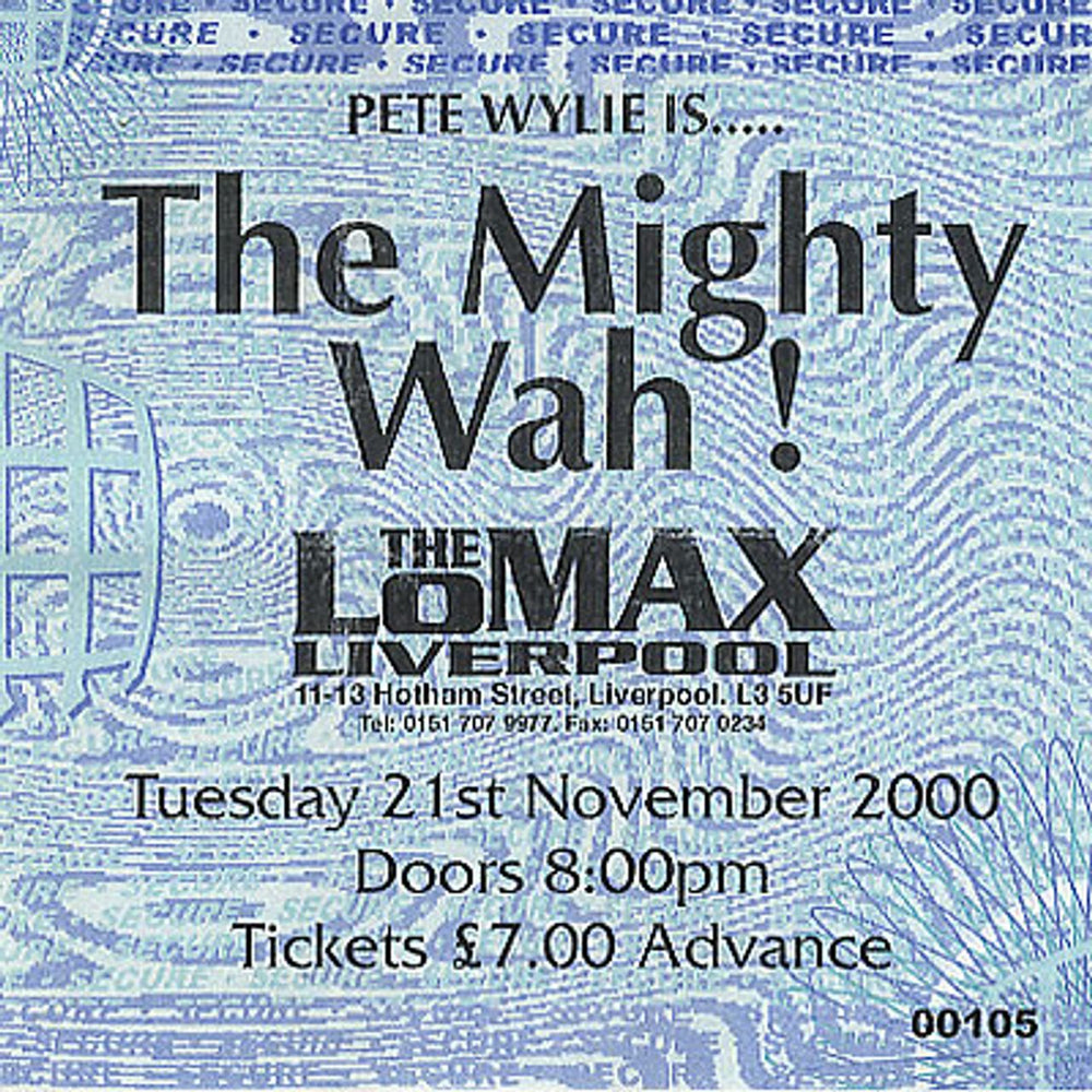 Wah! The Lomax, Liverpool UK concert ticket USED TICKET