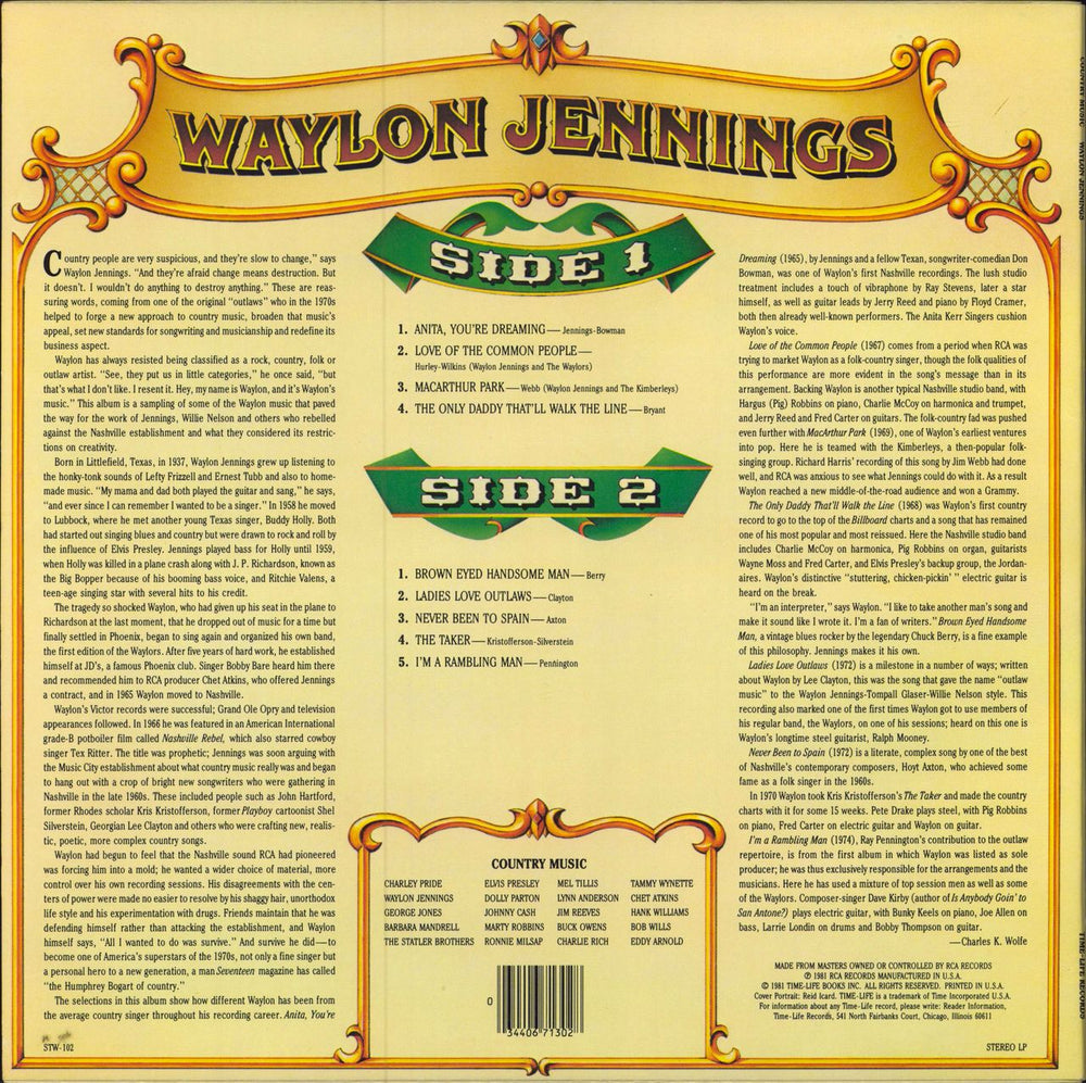 Waylon Jennings Country Music US vinyl LP album (LP record) 034406713028