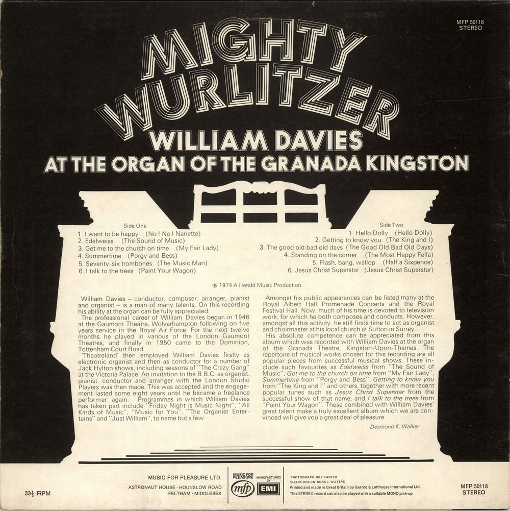 William Davis Mighty Wurlitzer UK vinyl LP album (LP record)